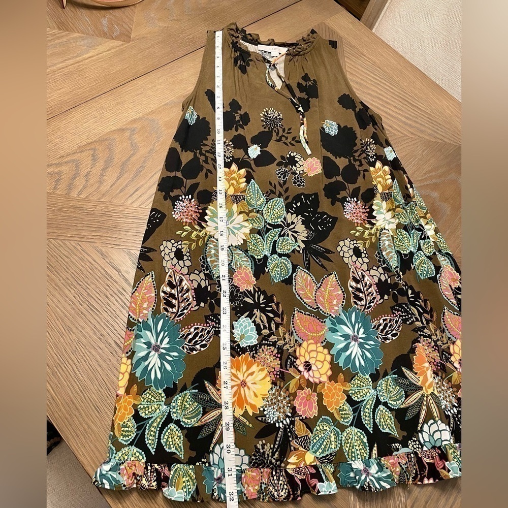 LOFT floral olive green swing sleeveless dress - Picture 3 of 8